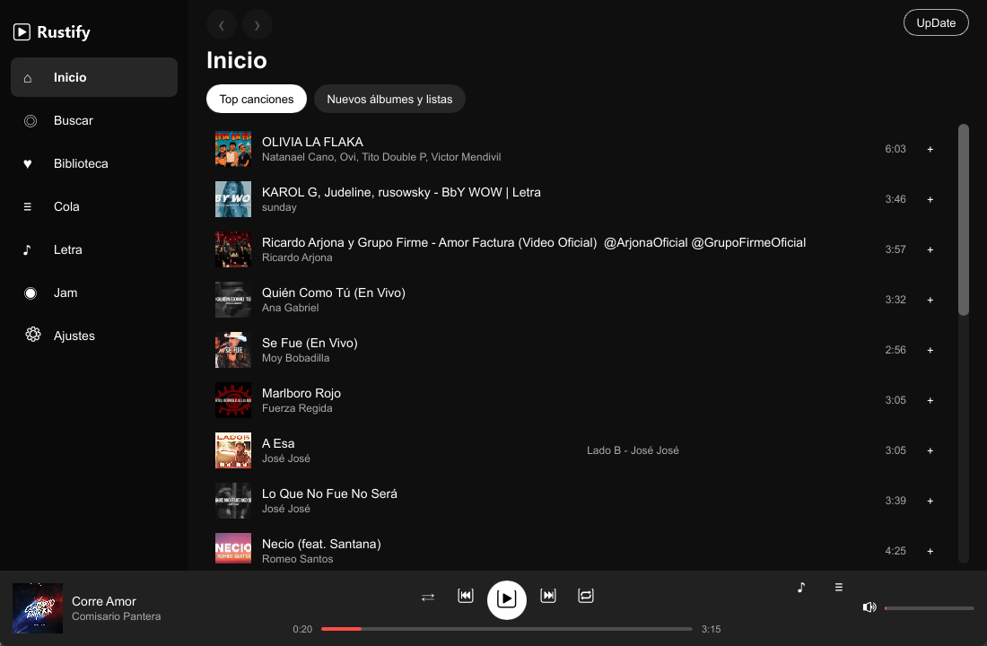 Pantalla de inicio de Rustify con las canciones más escuchadas